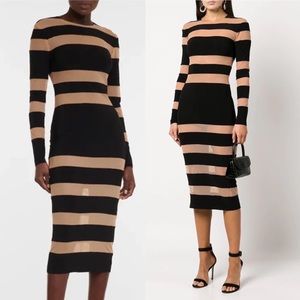 Norma Kamali Semi-Sheer Striped Midi-Dress in Black & Nude Mesh